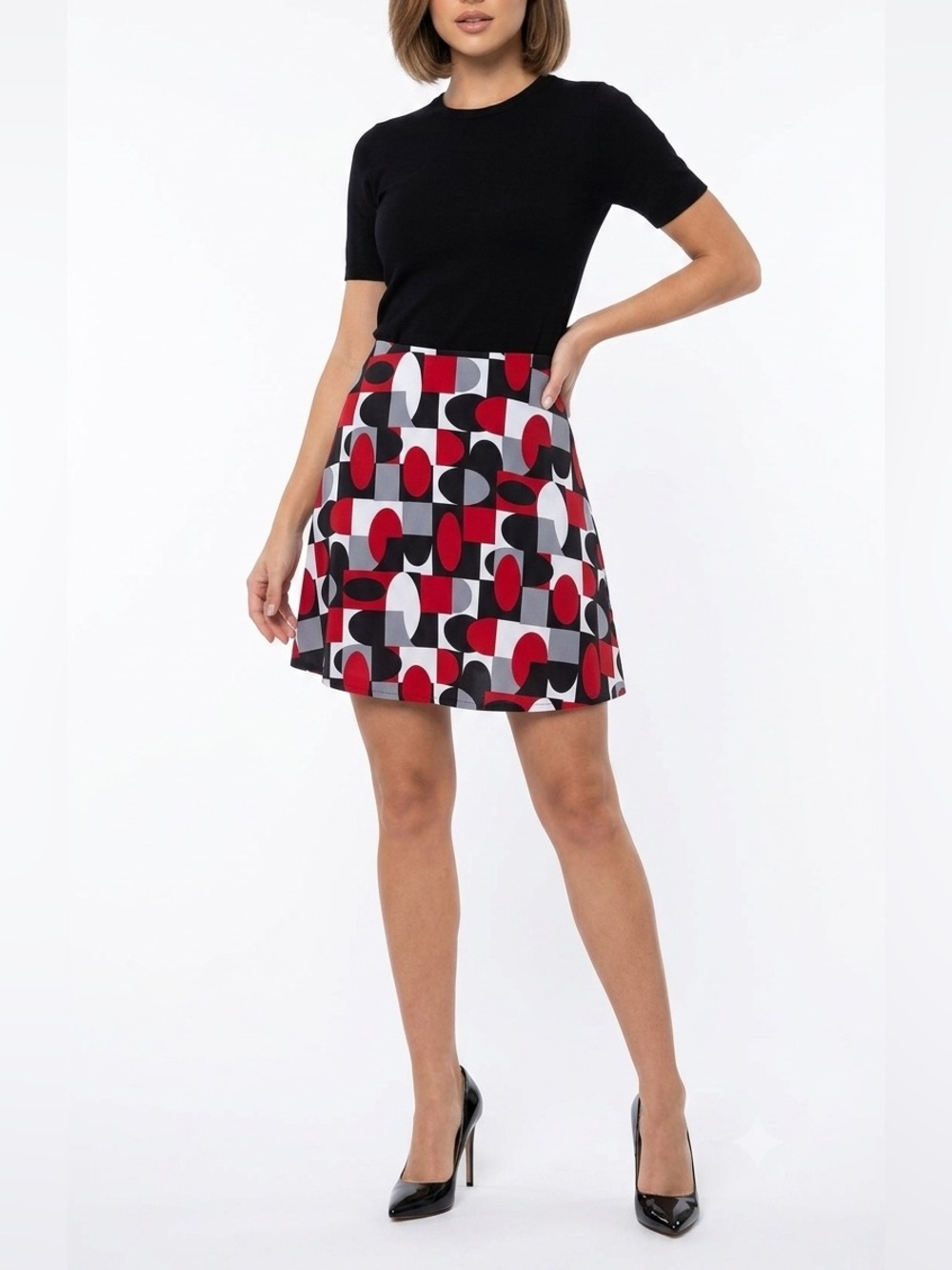 Geo-Print A-Line Skirt in Red, Black & White